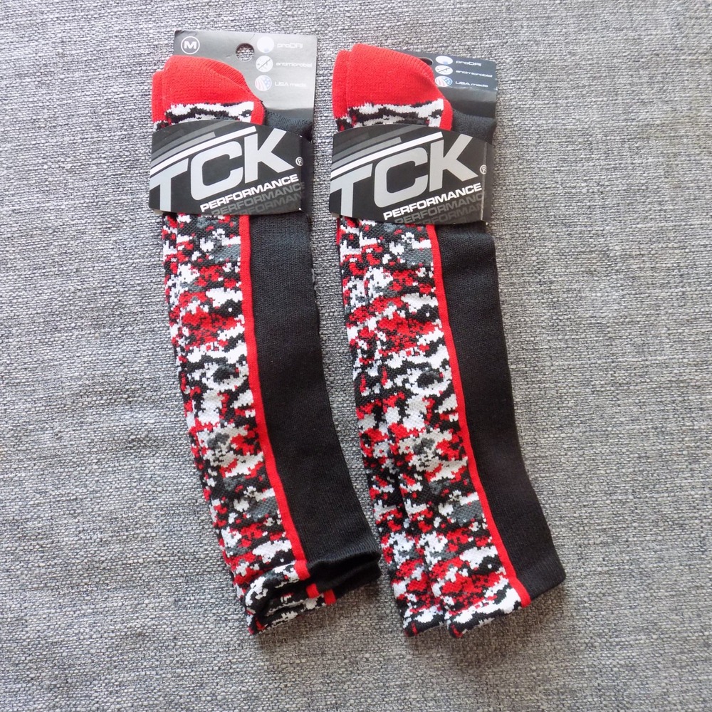 TCK Performance Socks Kids Medium Red Black Digital Camo NEW OTC 2 Pairs